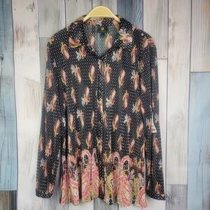 JM Collection Black Red Paisley Long Sleeve Button Down Blouse Size XL